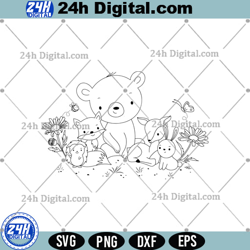 Cute woodland animals SVG, Deer Fox Bear Daisy Svg, Png, Instant Download