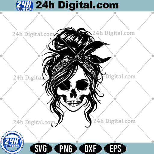 Messy Bun Girl Skull Svg